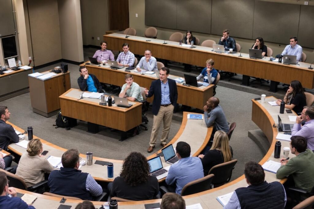 Participants and an instructor in a case-method classroom discussion