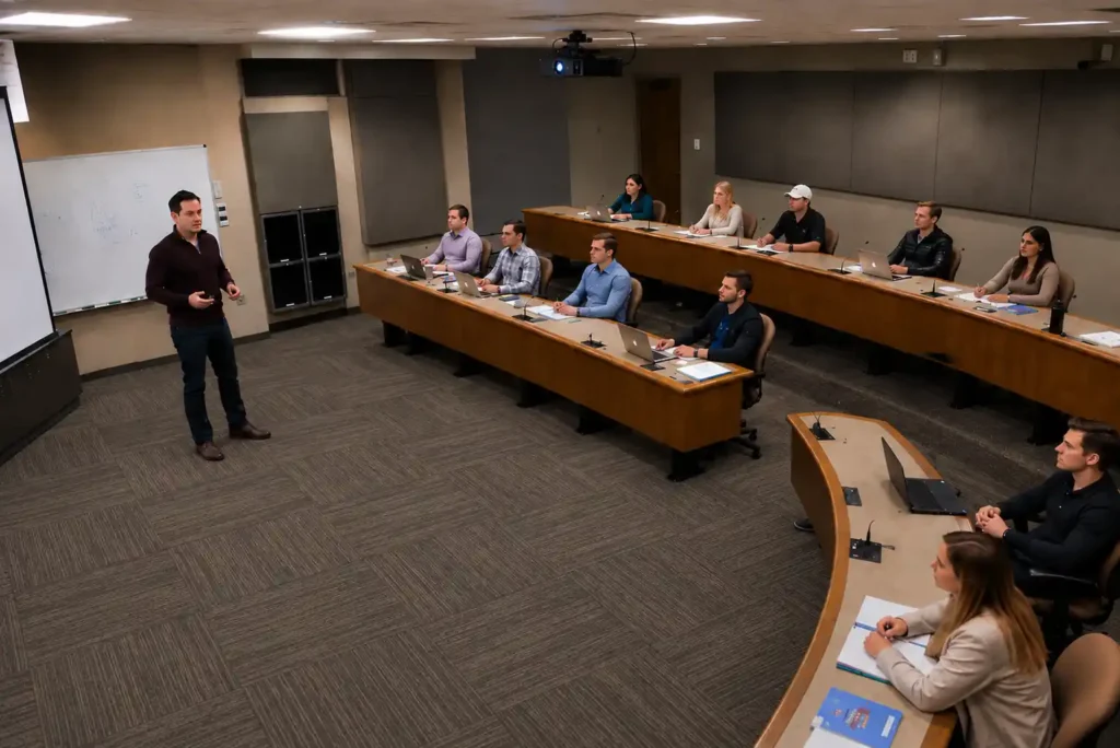 An instructor speaks with participants in a tiered classroom