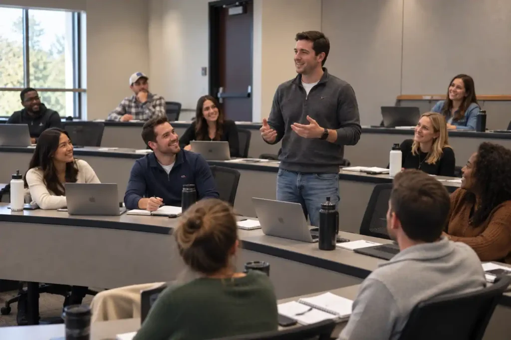 Participants take part in a case discussion in a tiered classroom
