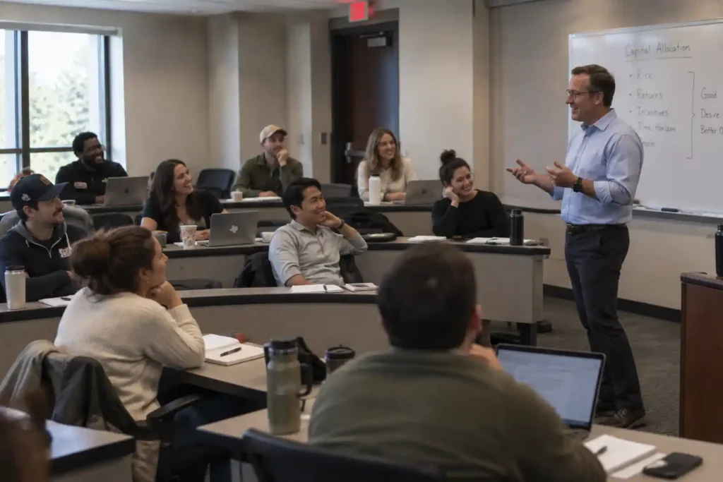 An instructor leads a case discussion at a whiteboard